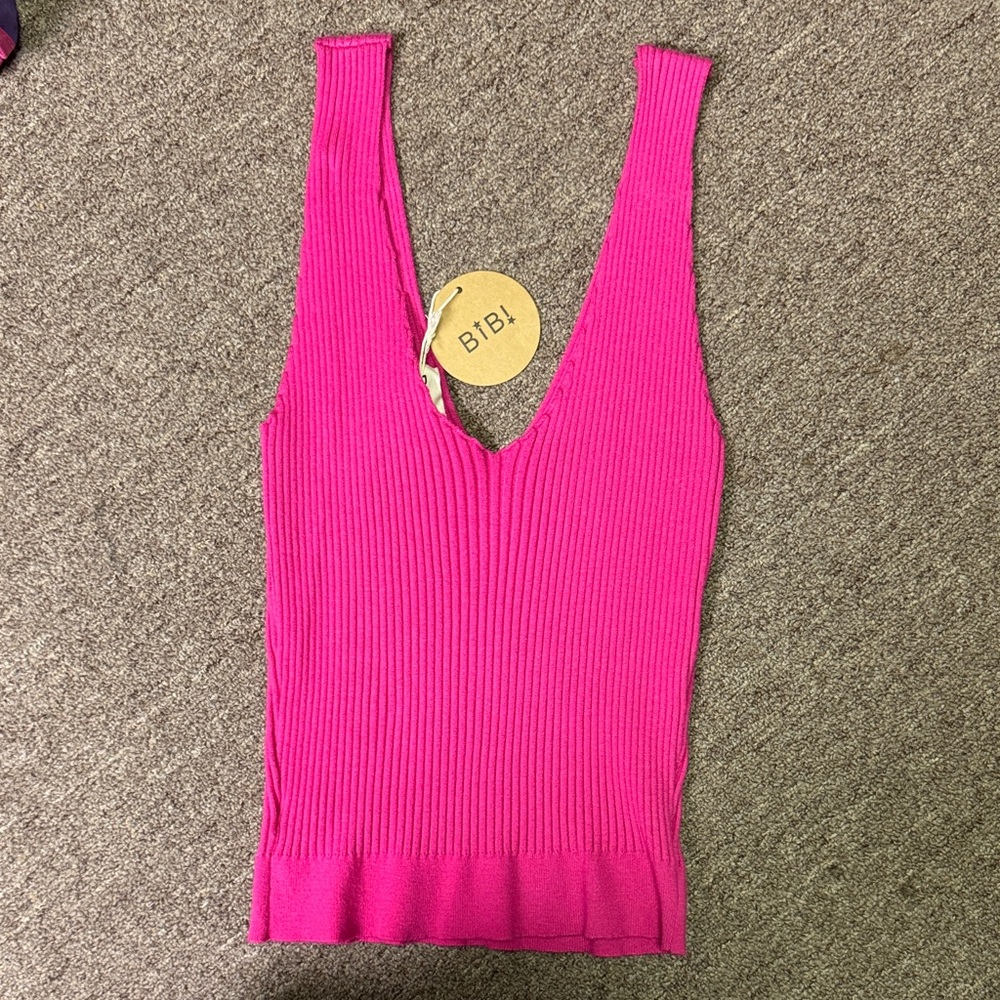 BiBi Hot Pink Ribbed V-Neck Tank Top